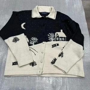 [XL]Rainbow  Bridge Winter Scene Embroidered Collared Button Knit Sweater